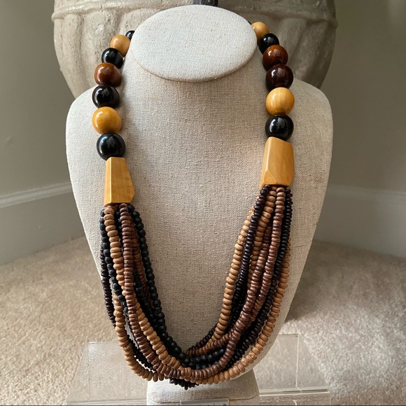 Jewelry - Brown tan wood beaded multi strand necklace
